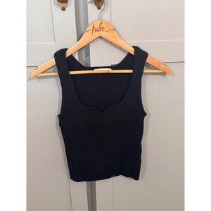 Avec Les Filles Black Ribbed Knit Sweetheart Neck Tank Top Small
